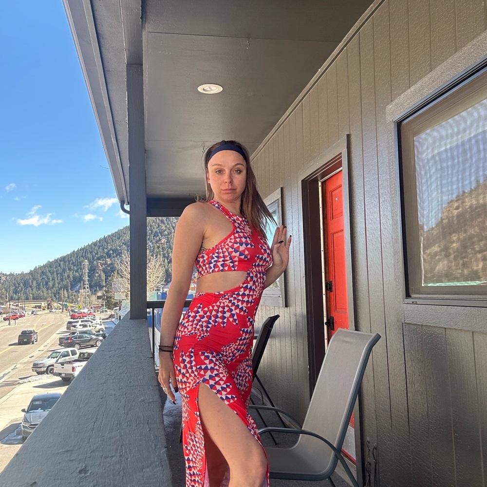 adidas Red Patterned One-Shoulder Cutout Dress - Picture 4 of 10